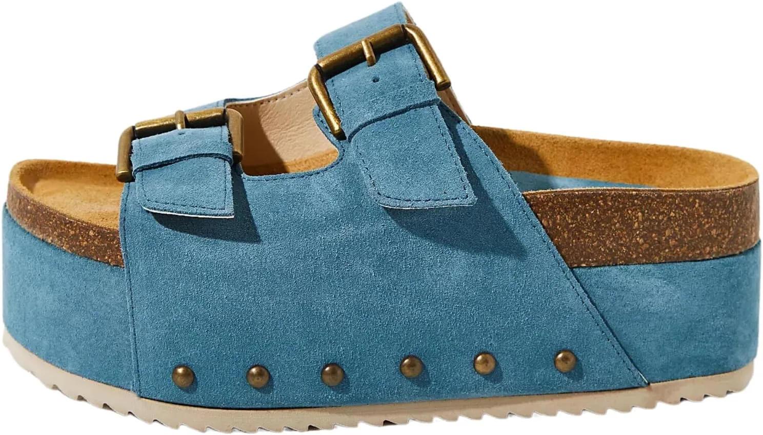 Yishaweiqi Women's Suede Platform Sandals Comfortable Cork Footbed Studded Flatform Sandals Adjustable Buckle Straps Flat Clogs Slide Sandals