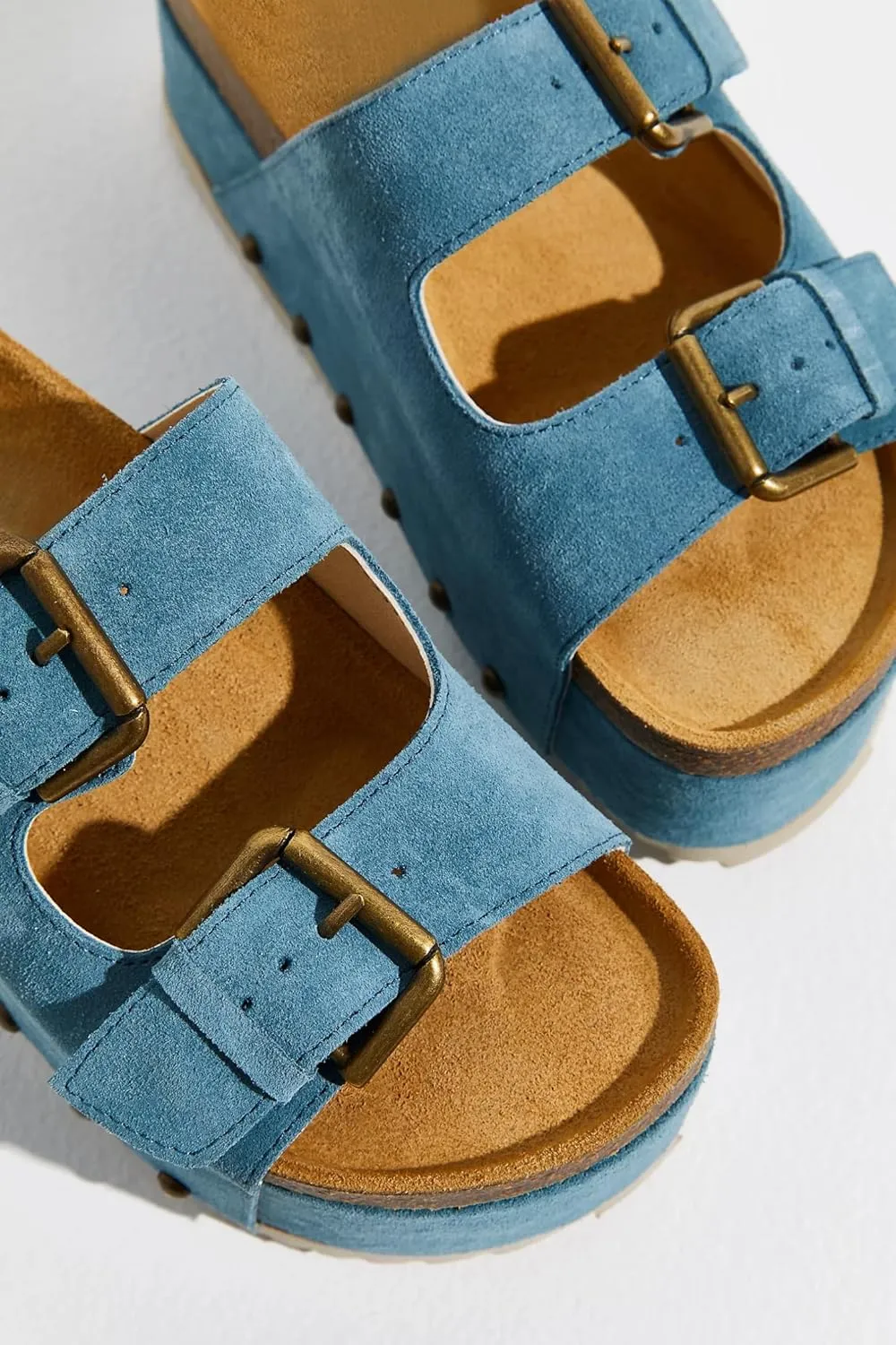Yishaweiqi Women's Suede Platform Sandals Comfortable Cork Footbed Studded Flatform Sandals Adjustable Buckle Straps Flat Clogs Slide Sandals