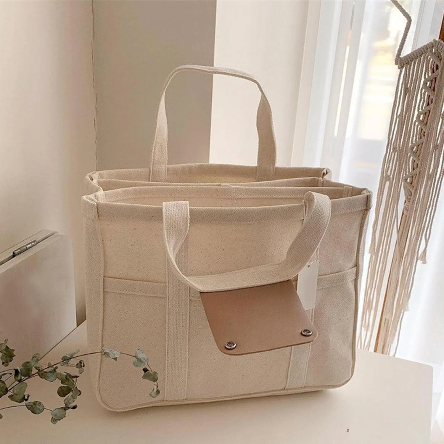 Yitengteng Women Canvas Tote Bag with Multi Pockets High Capacity Handbag Leisure Bag for Mommy Storage Bag