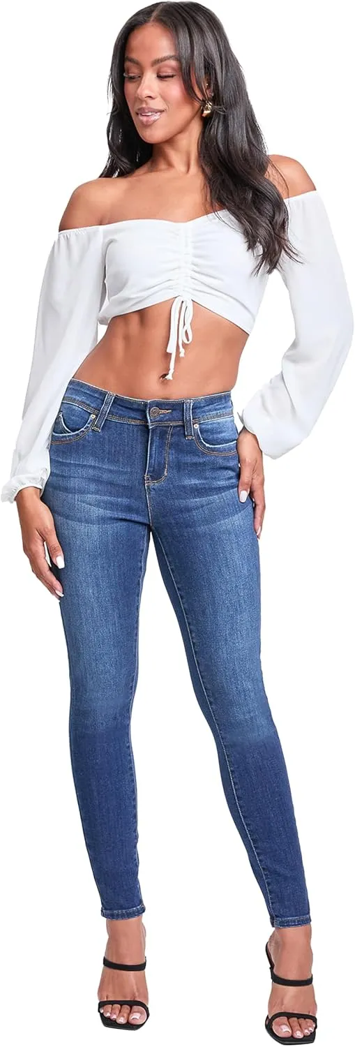 YMI Women's Wannabettabutt Mid Rise Embroidered Skinny Jean
