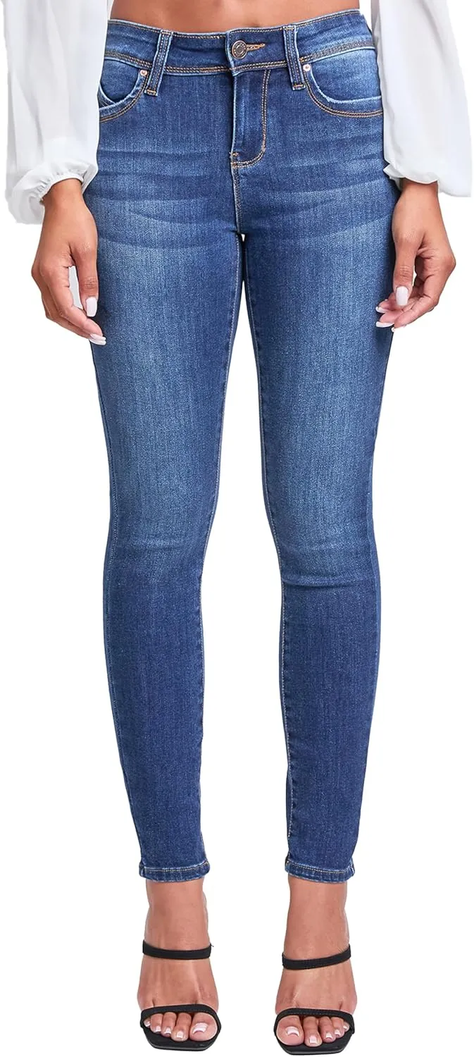 YMI Women's Wannabettabutt Mid Rise Embroidered Skinny Jean