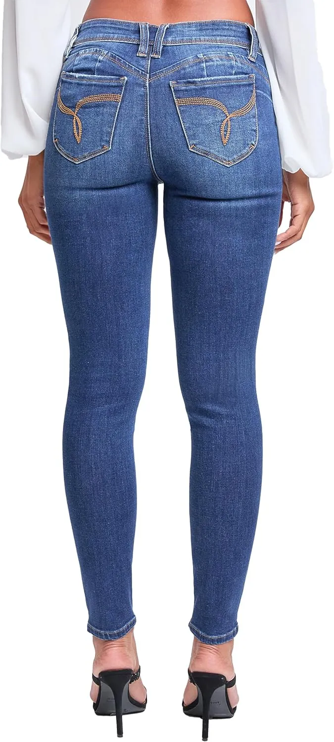 YMI Women's Wannabettabutt Mid Rise Embroidered Skinny Jean