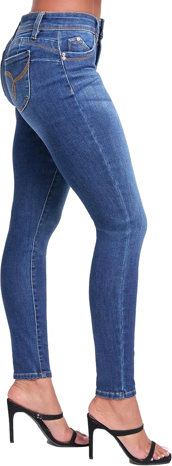 YMI Women's Wannabettabutt Mid Rise Embroidered Skinny Jean