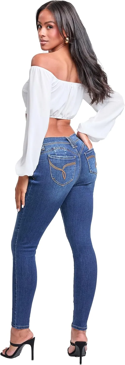 YMI Women's Wannabettabutt Mid Rise Embroidered Skinny Jean