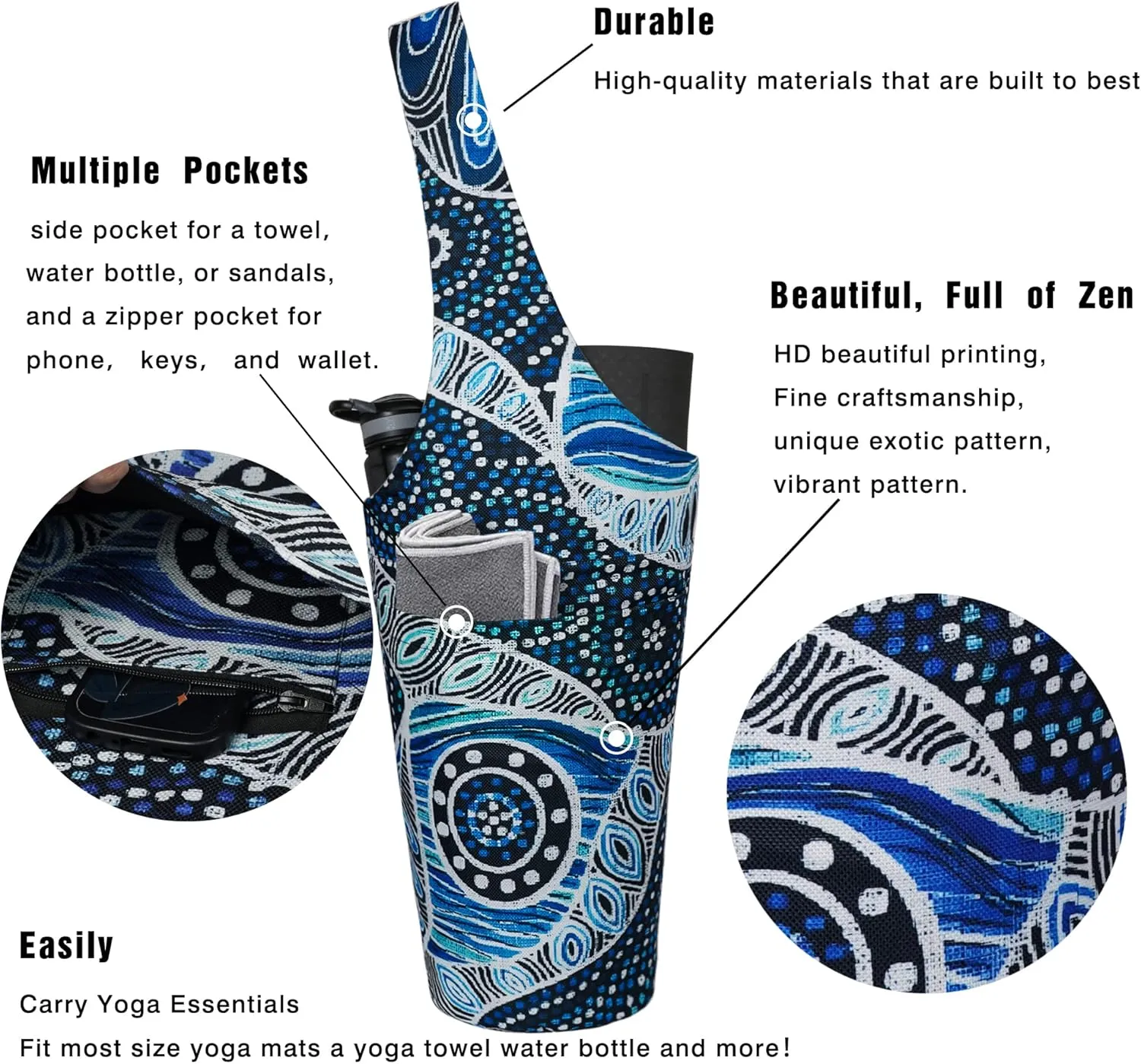 Yoga Mat Bag - Long Tote with Pockets - Holds More Accessories - Fits Most Mats