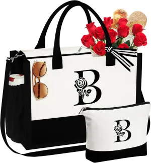 YOOLIFE Gifts for Women - Initial Canvas Tote Bag & Makeup Bag Birthday Gifts for Women Wife Mom Friend Teacher Sister