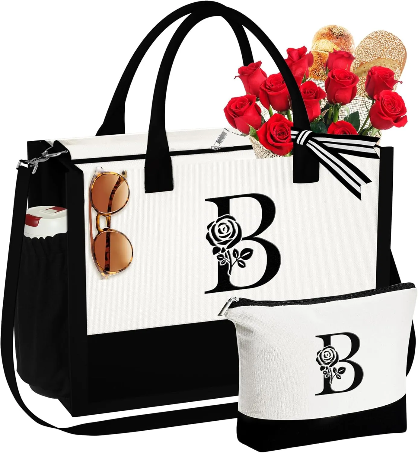 YOOLIFE Gifts for Women - Initial Canvas Tote Bag & Makeup Bag Birthday Gifts for Women Wife Mom Friend Teacher Sister