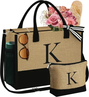 YOOLIFE Personalized Gifts for Women - Initial Jute Tote Bag & Makeup Bag, Birthday Gifts for Women Mom Wife Teacher Friend