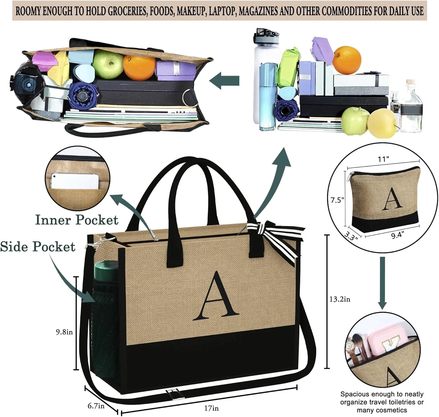 YOOLIFE Personalized Gifts for Women - Initial Jute Tote Bag & Makeup Bag, Birthday Gifts for Women Mom Wife Teacher Friend