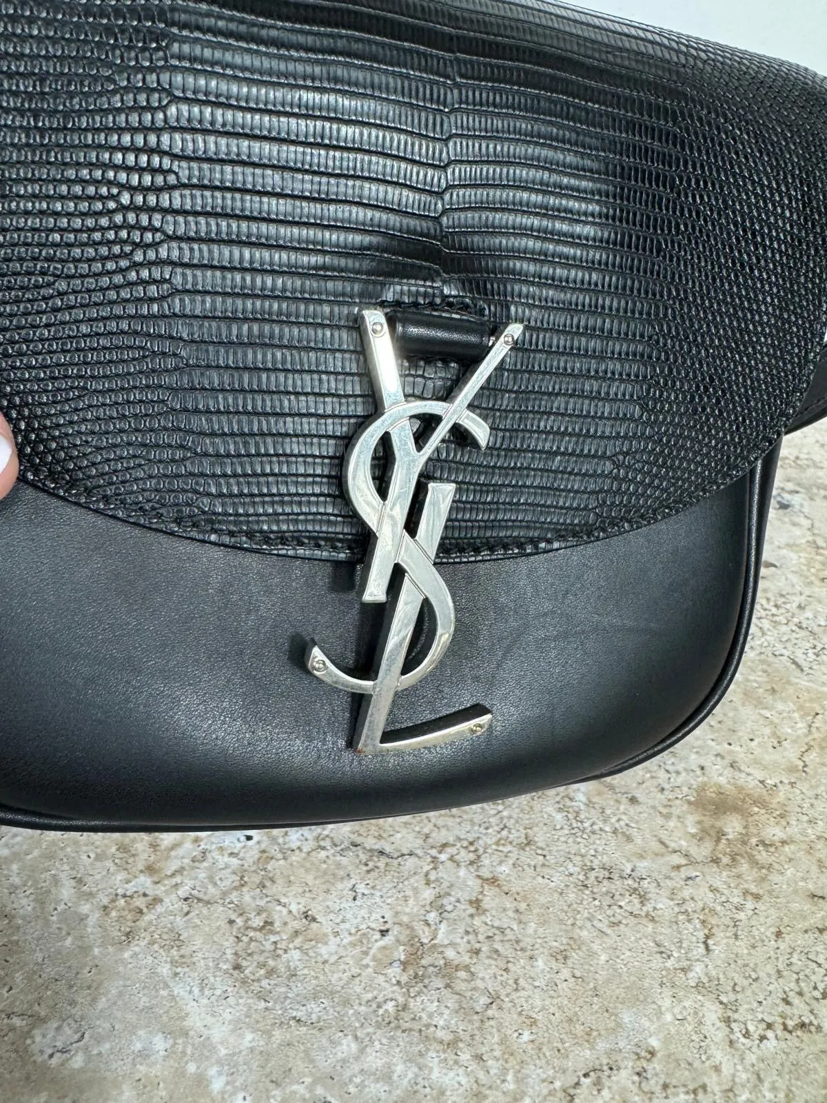 YSL CALFSKIN LEATHER SNAKE EMBOSSED SMALL MONOGRAM KAIA CROSSBODY
