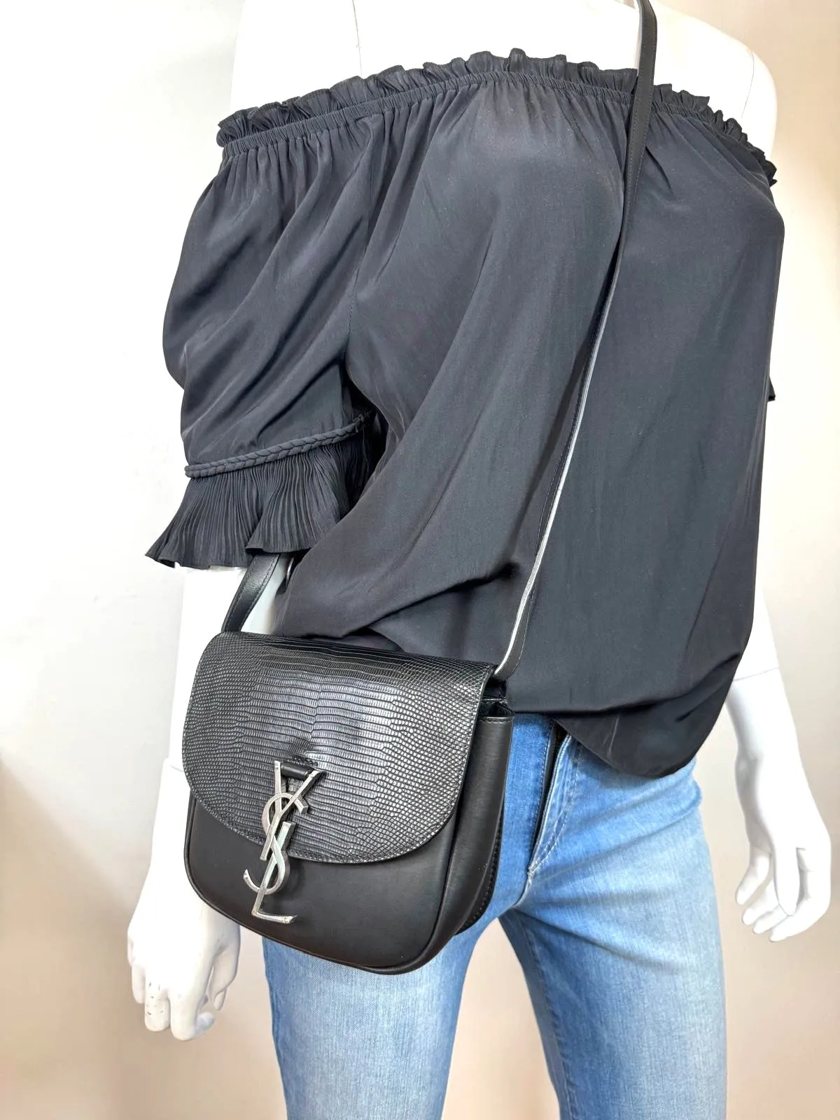 YSL CALFSKIN LEATHER SNAKE EMBOSSED SMALL MONOGRAM KAIA CROSSBODY