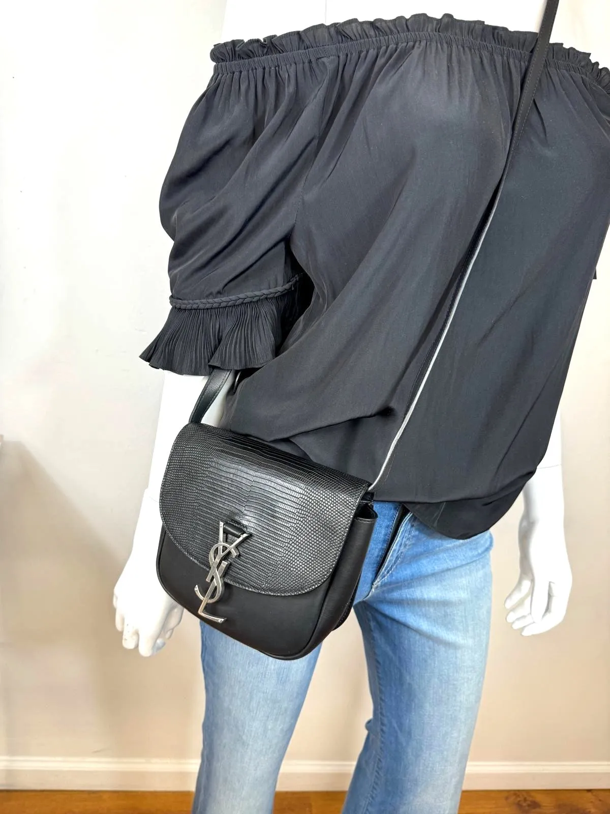 YSL CALFSKIN LEATHER SNAKE EMBOSSED SMALL MONOGRAM KAIA CROSSBODY