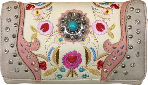 Zelris Embroidered Floral Laser Cut Turquoise Rhinestone Concho Crossbody Wallet