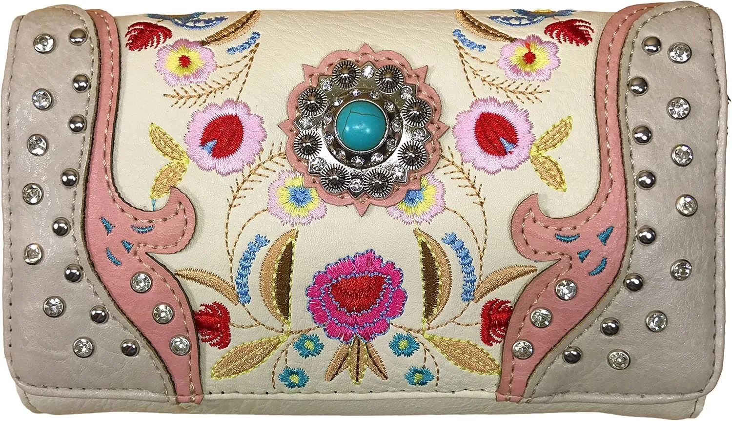 Zelris Embroidered Floral Laser Cut Turquoise Rhinestone Concho Crossbody Wallet