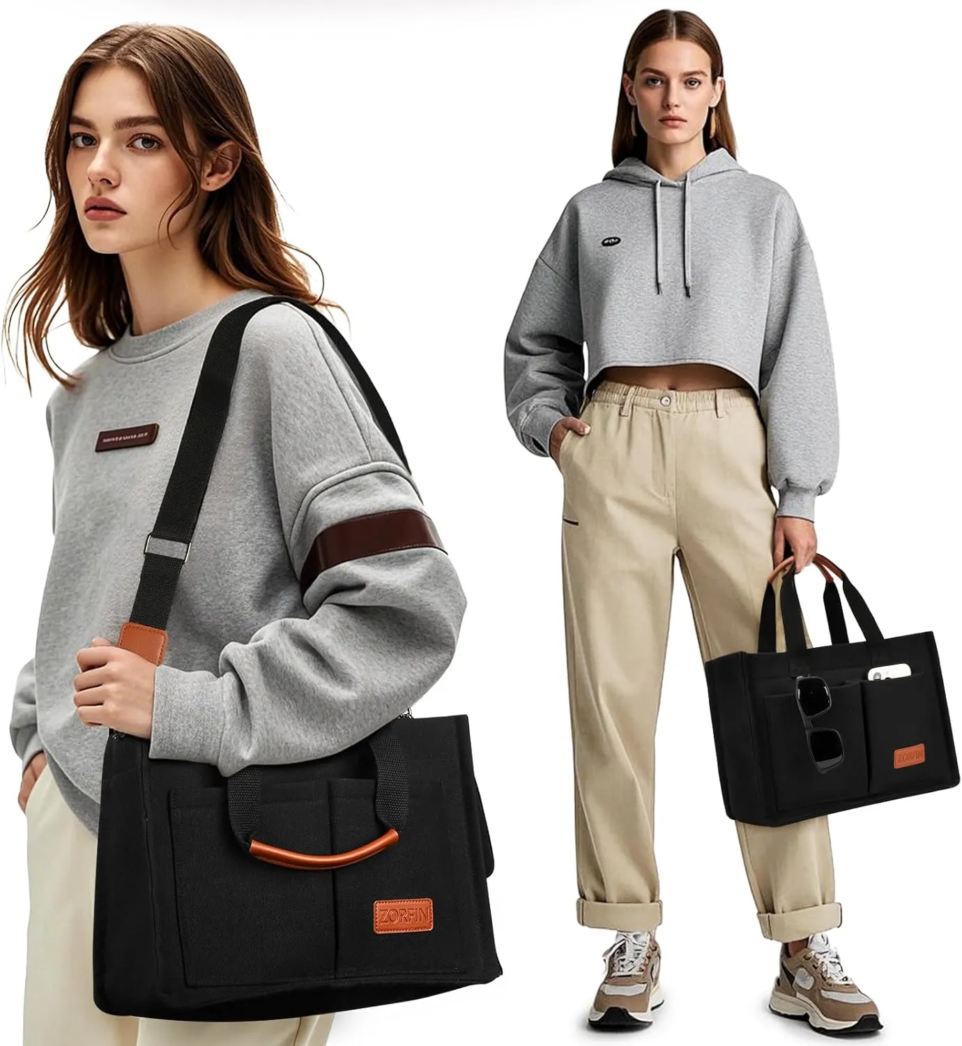 ZORFIN Canvas Tote Bag for Women with Zipper and Compartments Crossbody Work Laptop Bag for Travel College Office