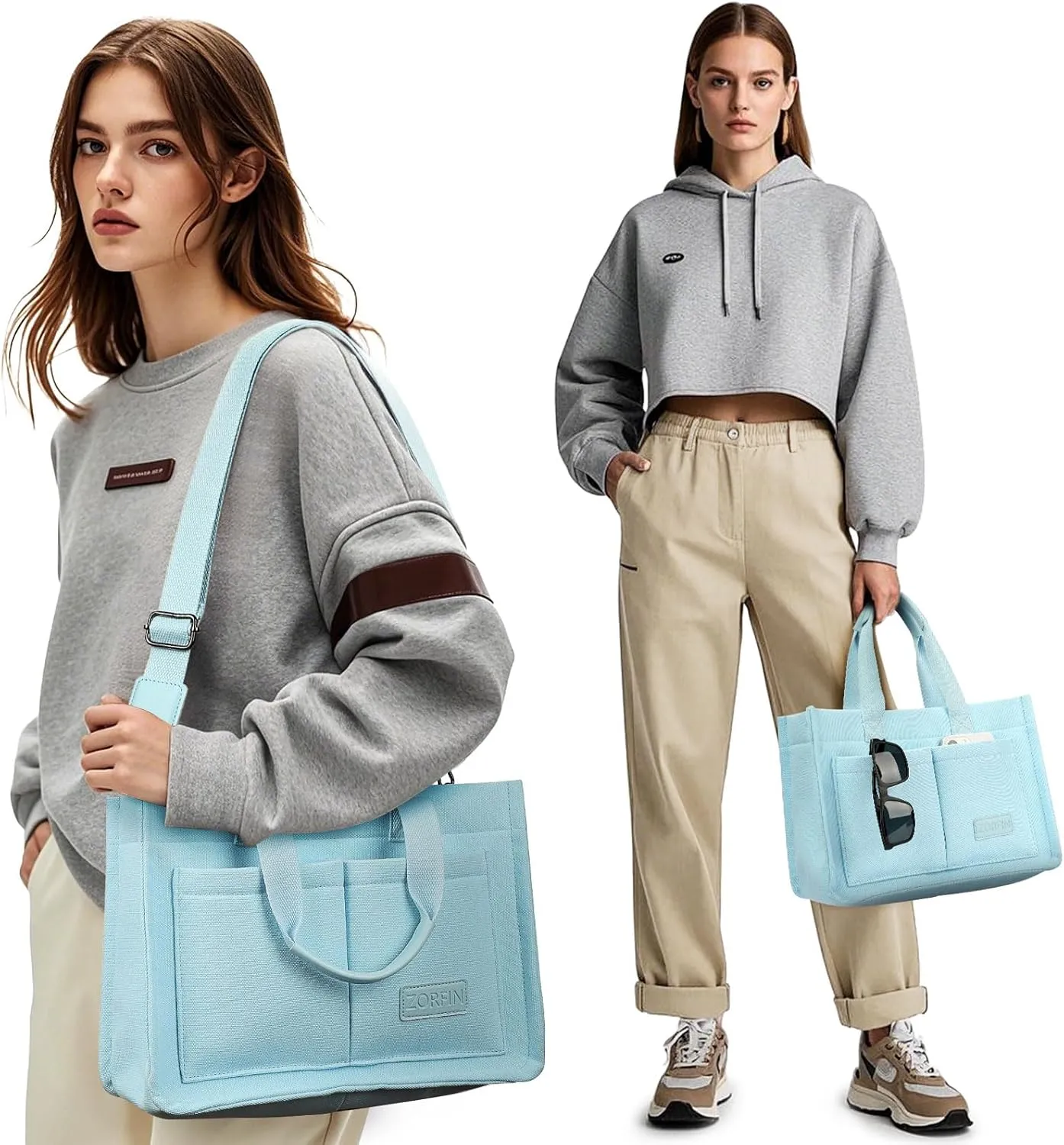 ZORFIN Canvas Tote Bag for Women with Zipper and Compartments Crossbody Work Laptop Bag for Travel College Office