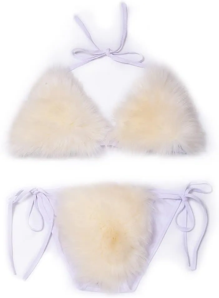 ZOSCGJMY Women's Faux Fur Halter String Triangle Bikini Sets Two Piece Swimsuits