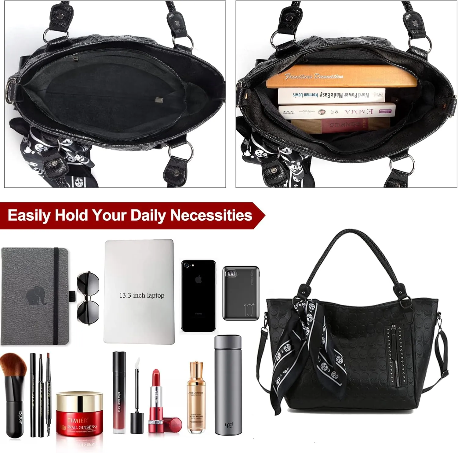 zuoge Women Skull Tote Bag Revit Studded Handbag Pu Leather Purse and Wallet Scarf 3Pcs Set