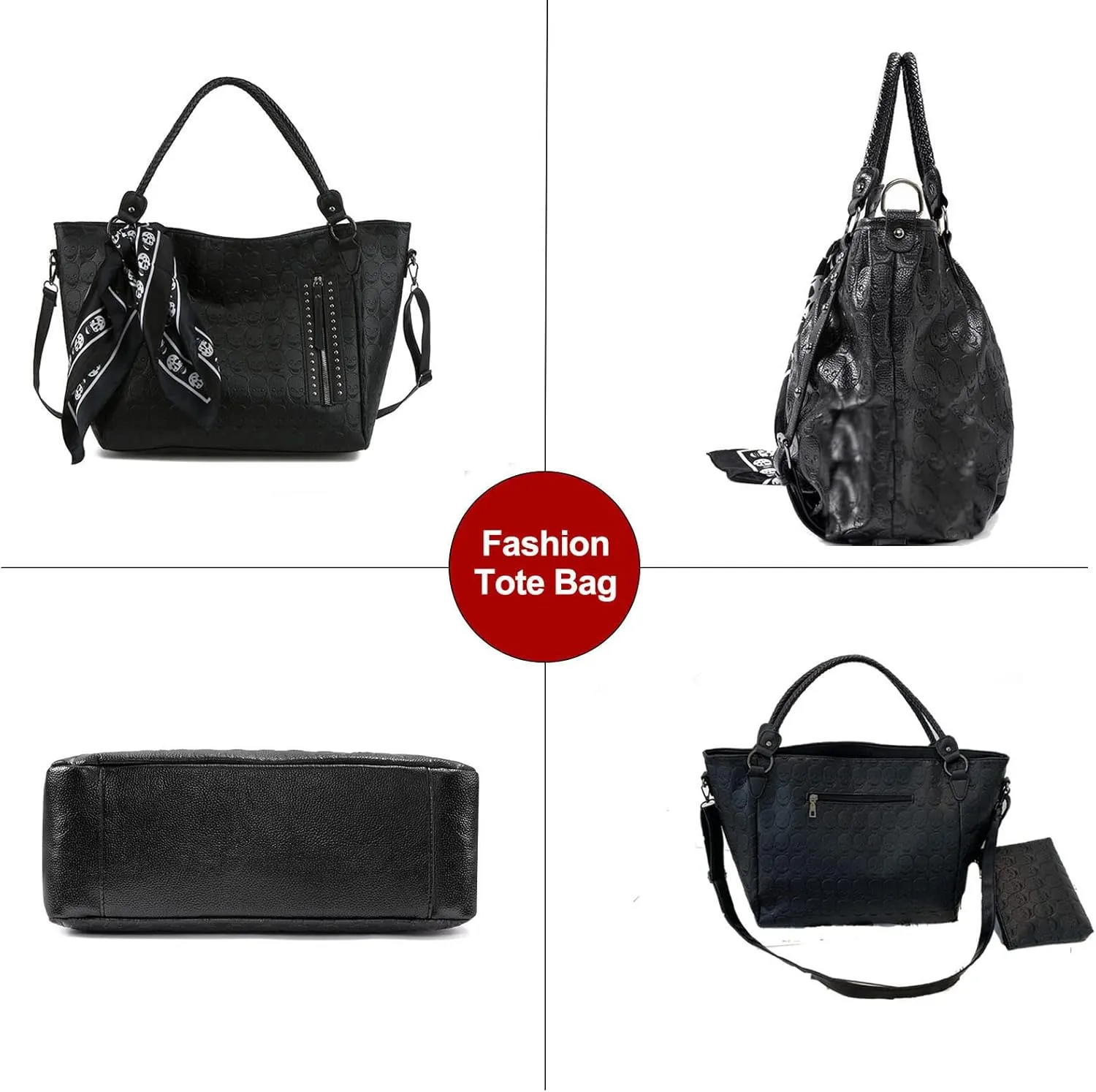 zuoge Women Skull Tote Bag Revit Studded Handbag Pu Leather Purse and Wallet Scarf 3Pcs Set